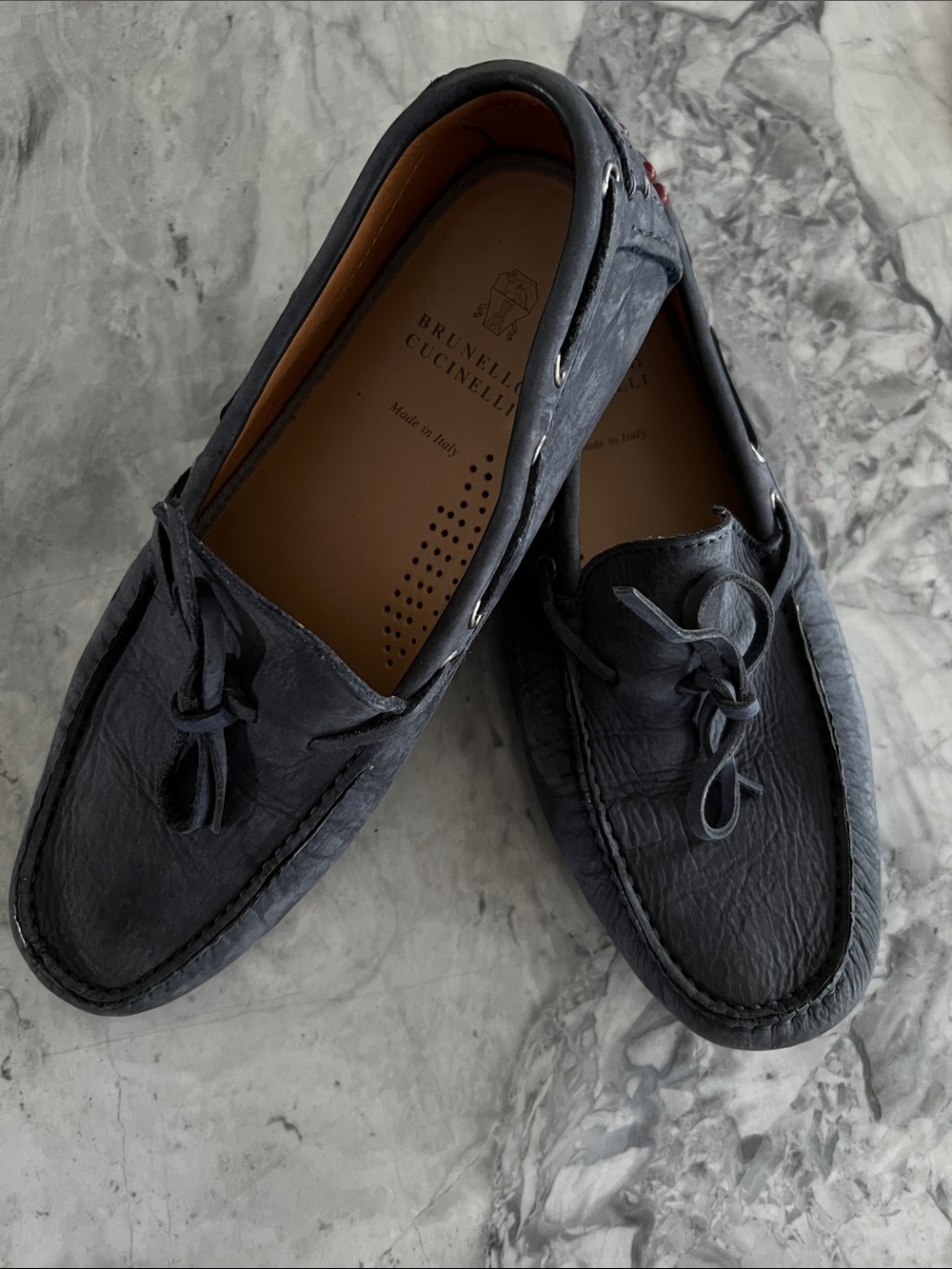Brunello Cucinelli Men's Dark Blue Leather Slip-On Loafers